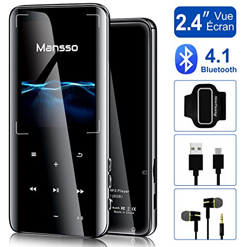 Lecteur MP3 MANSSO Bluetooth 4.1, Boutons Tactile avec Écran de TFT 2,4 Pouces, Lecteur Audio numérique Portable sans Perte de 8 Go avec Radio FM E-Book enregistreur Vocal Prise en Charge jusqu'à 128G