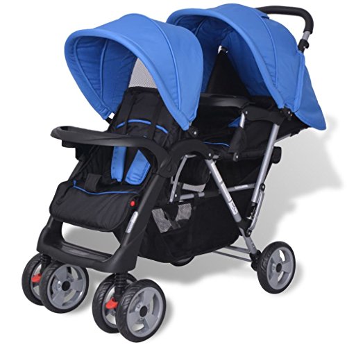 vidaXL Poussette &agrave; deux places Acier Bleu et noir Poussette r&eacute;glable pour b&eacute;b&eacute;