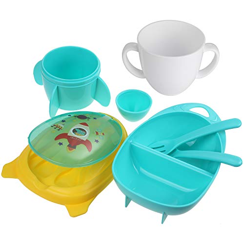 Lictin Ensemble de Vaisselle B&eacute;b&eacute; Bol Set avec Cuill&egrave;re&comma; Fourchette&comma; en PP&comma; sans BPA&comma; la Conception de Vaisseau Spatial et Fus&eacute;e&comma; Portable pour Voyage&comma; Adapt&eacute; aux Filles de plus de 10 Mois &lpar;Vert&rpar;