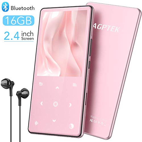 AGPTEK 16Go Haut-Parleur MP3 Bluetooth 4.0 avec Boutons Tactiles, 2,4'' Ecran Lecteur de Musique HiFi en Métal Radio FM, Raccourcis Bluetooth et MFB, Supporte Carte Micro SD Jusqu'à 128G, Rose