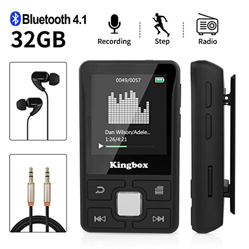 Lecteur MP3, Mini Lecteur MP3 Bluetooth Sport avec Kingbox 32Go, HiFi Portable sans Perte,128 Go de Radio FM, podomètre Intelligent, Photos, enregistrements, E-Book