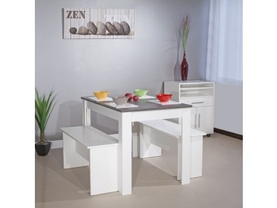 Ensemble table + 2 bancs BASTIEN - Blanc, plateau effet béton