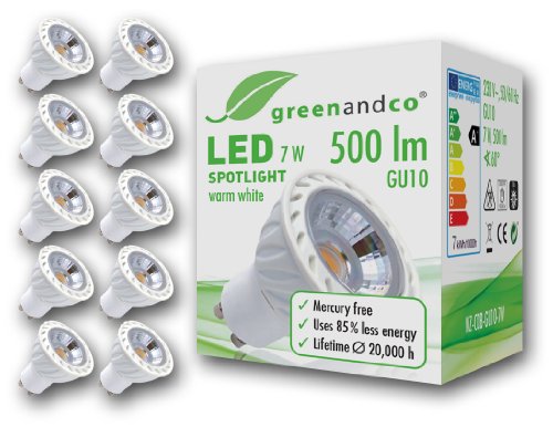 Set de 10 Spots à LED greenandco® GU10 / 7W / 500lm / 2700K (blanc chaud) / COB LED / Angle de diffusion 60° / 230V AC / Aluminium plastifié Set de 10 Spots à LED greenandco® GU10 / 7W / 500lm / 2700K (blanc chaud) / COB LED / Angle de diffusion 60° / 230V AC / Aluminium plastifié