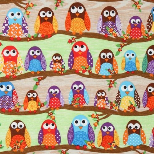 Tissu de créateur What a Hoot avec des hiboux multicolores Tissu de créateur What a Hoot avec des hiboux multicolores