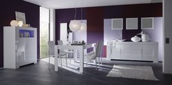 Salle à manger complète design ELIOS, avec option rallonge, coloris blanc laqué Table L160 x P90 x H79 cm Avec Eclairage Salle à manger complète design ELIOS, avec option rallonge, coloris blanc laqué Table L160 x P90 x H79 cm Avec Eclairage