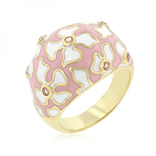 Bague cocktail fleure Bague plaquée or 18k Email blanc avec éléments en zirconia rose dans une finition dorée brillante Bague cocktail fleure Bague plaquée or 18k Email blanc avec éléments en zirconia rose dans une finition dorée brillante