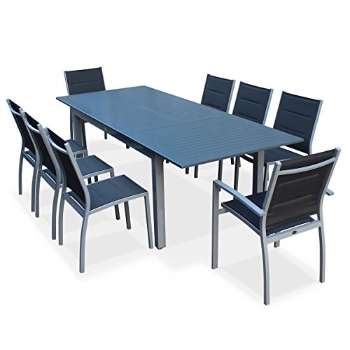 Alice's Garden - Salon de jardin table extensible - Chicago Gris - Table 175/245cm avec rallonge et 8 assises en textilène Alice's Garden - Salon de jardin table extensible - Chicago Gris - Table 175/245cm avec rallonge et 8 assises en textilène