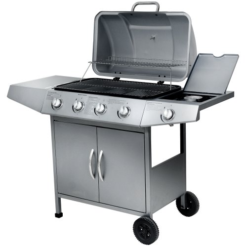 Barbecue grill à gaz argenté - 4 + 1 brûleurs - avec 2 roulettes et thermomètre - adapté pour France et Belgique - 128 x 97 x 53 cm (l x H x P)