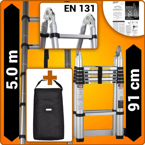 Echelle 5.0m Télescopique Aluminium Modulable Pliable Polyvalente Escabeau + SAC de Transport K5 Echelle 5.0m Télescopique Aluminium Modulable Pliable Polyvalente Escabeau + SAC de Transport K5